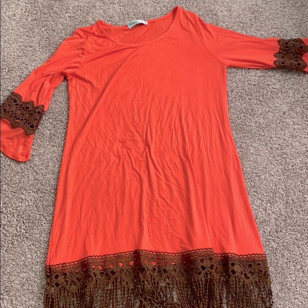 Pink/Orange Dress with brown tassels.